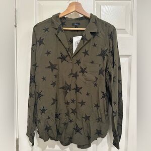 Navy Green And Stars Long Sleeve Button Up